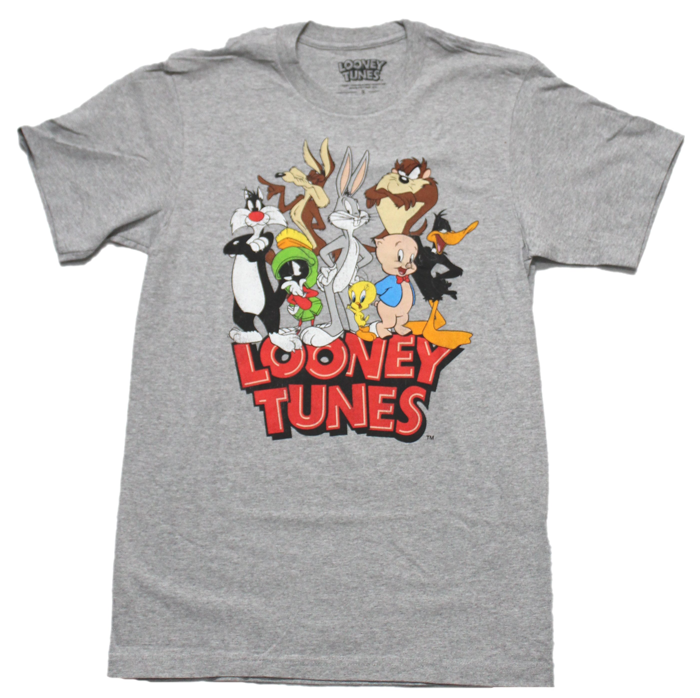 Looney Tunes New Adult T-Shirt - Bugs Taz and More Over Logo Image