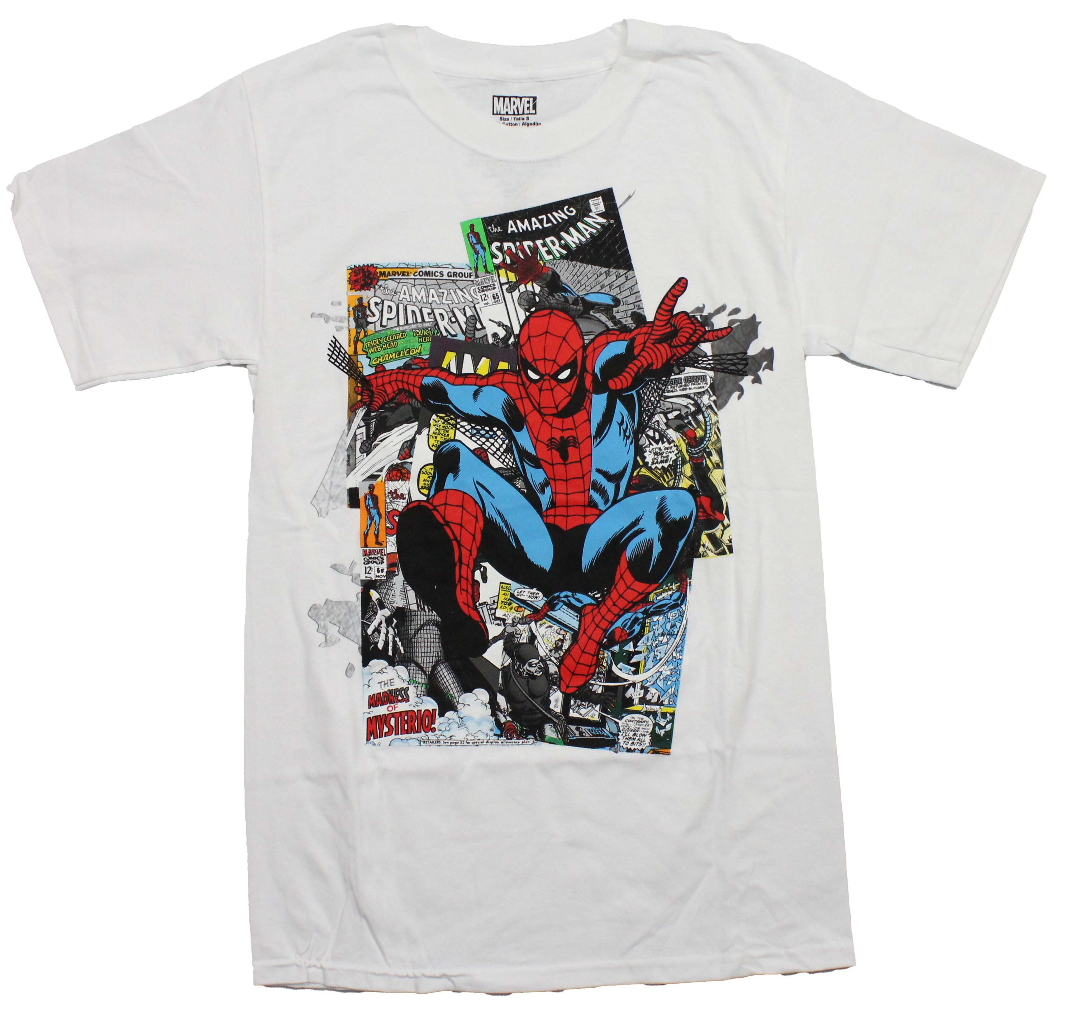 Spider-Man New Adult T-Shirt - Spidey Jumping Over Comic Pile