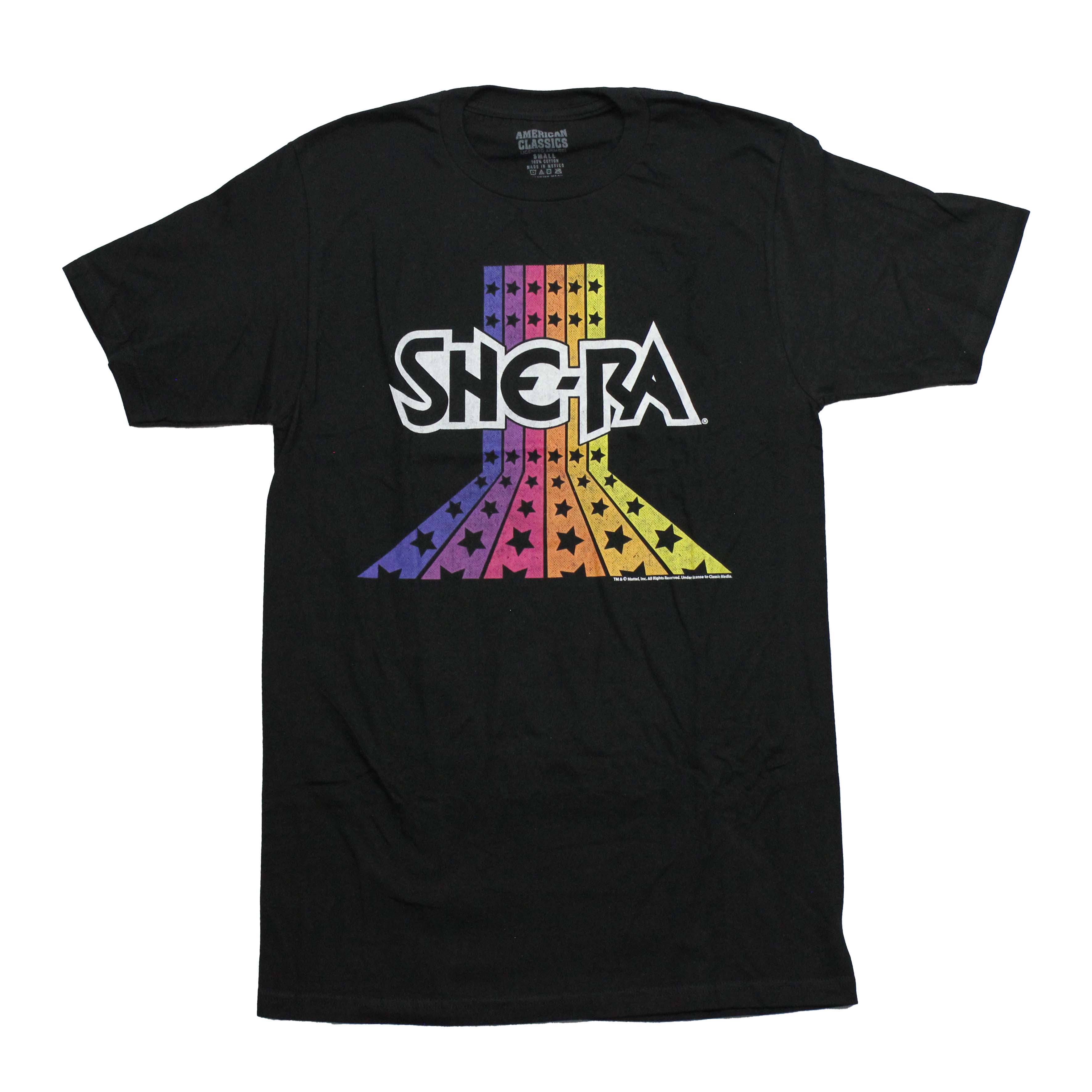 sheraページ！ Shera New Adult T-Shirt - Name Logo Across Colorful Star Stripes