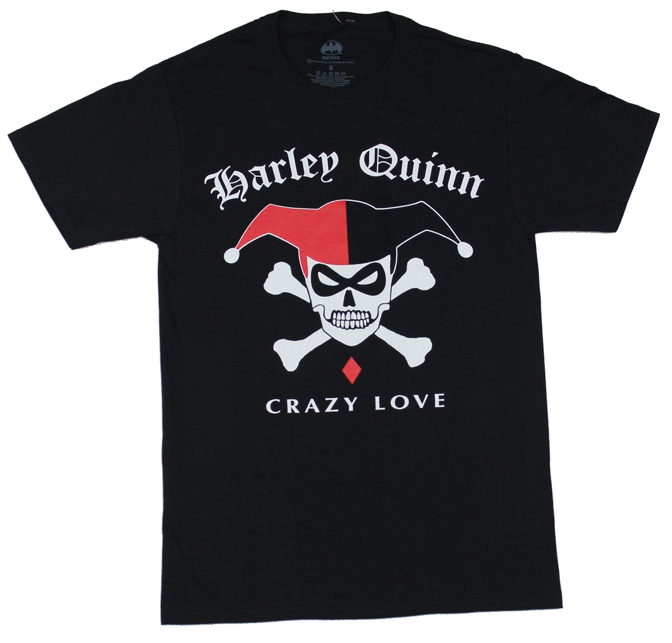 Harley Quinn DC Adult New T-Shirt - Crazy Love Logo & Crossbones