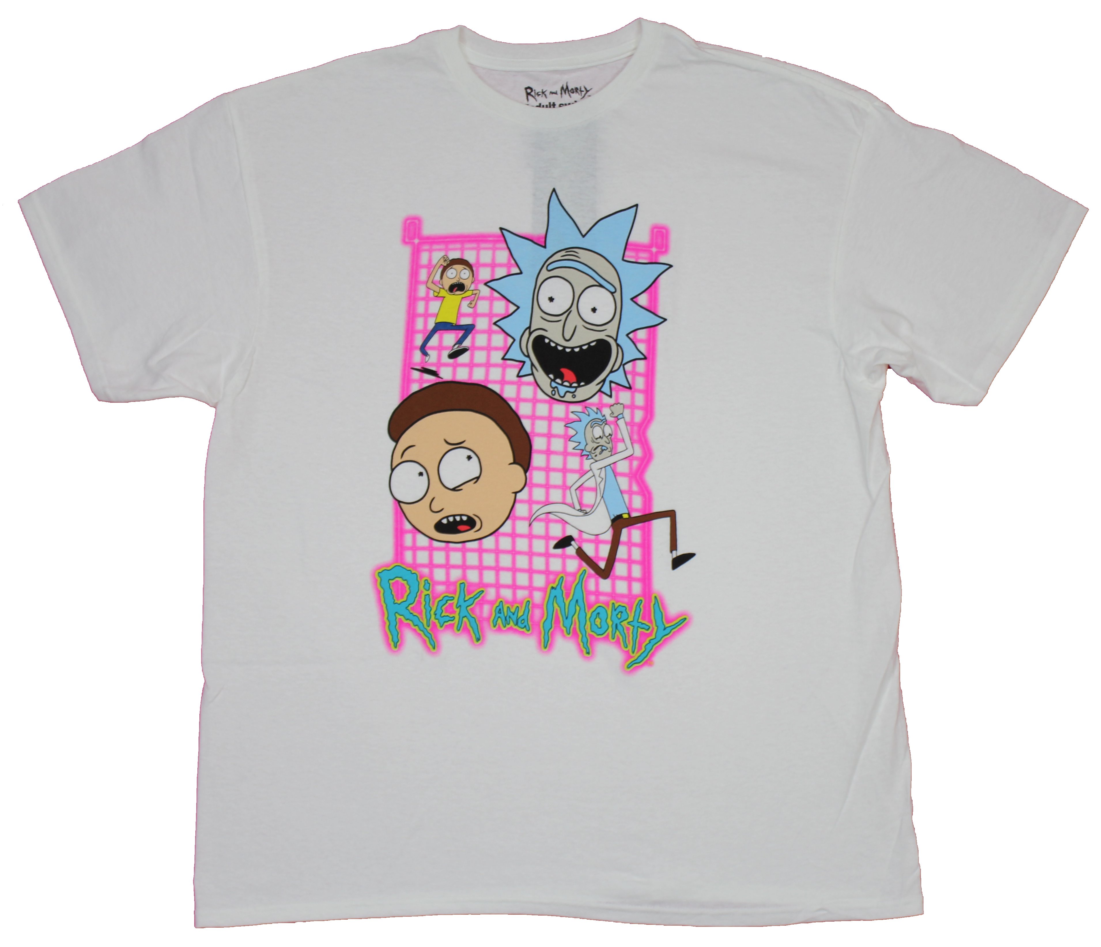 Rick & Morty Adult New T-Shirt - Running Big Heads on Pink Grid | eBay