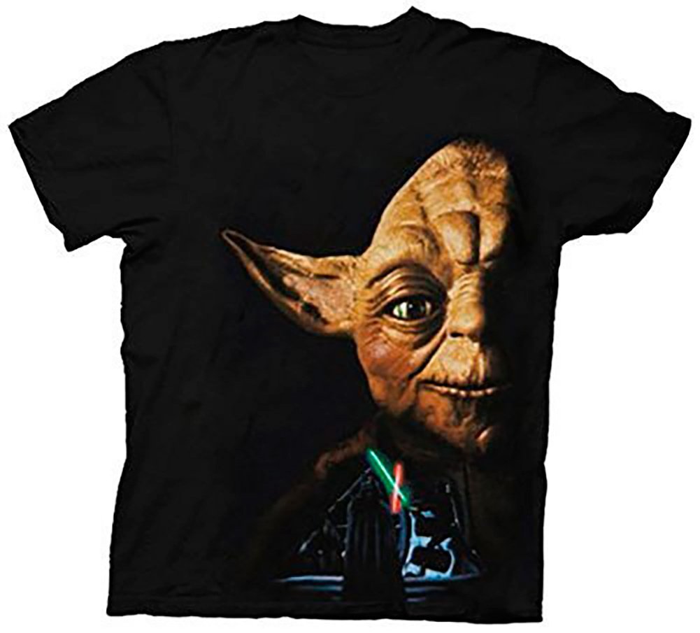 Star Wars Mens T-Shirt – Giant Yoda Half Face Over Saber Battle Image