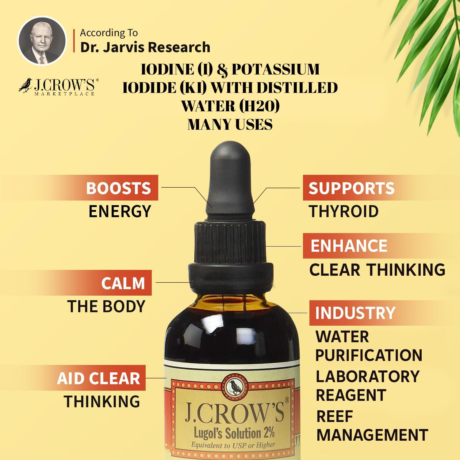 J.CROW'S Lugol's Solution Iodine 2 Percent Thyroid Support and Energy 2 fl oz - Picture 3 of 5