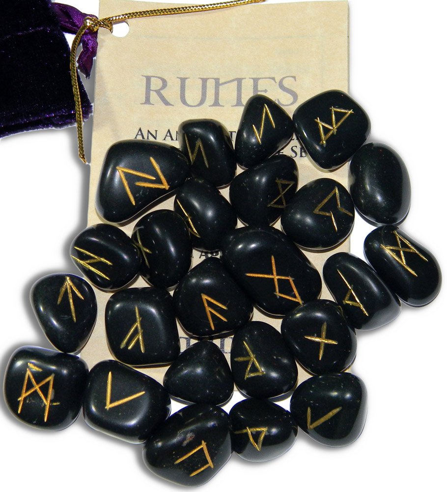 Starlinks Black Agate Gemstone Runes with Velvet Pouch and