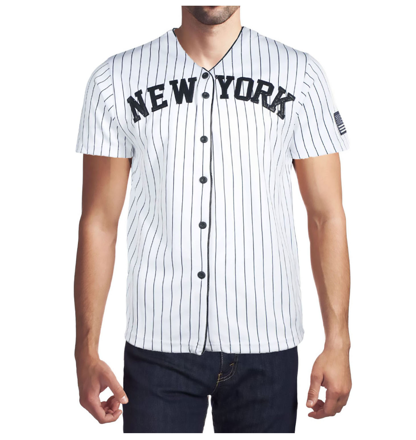 True Rock Men's New York Slim Fit Pinstripe Baseball Jersey (Navy/White, Small)