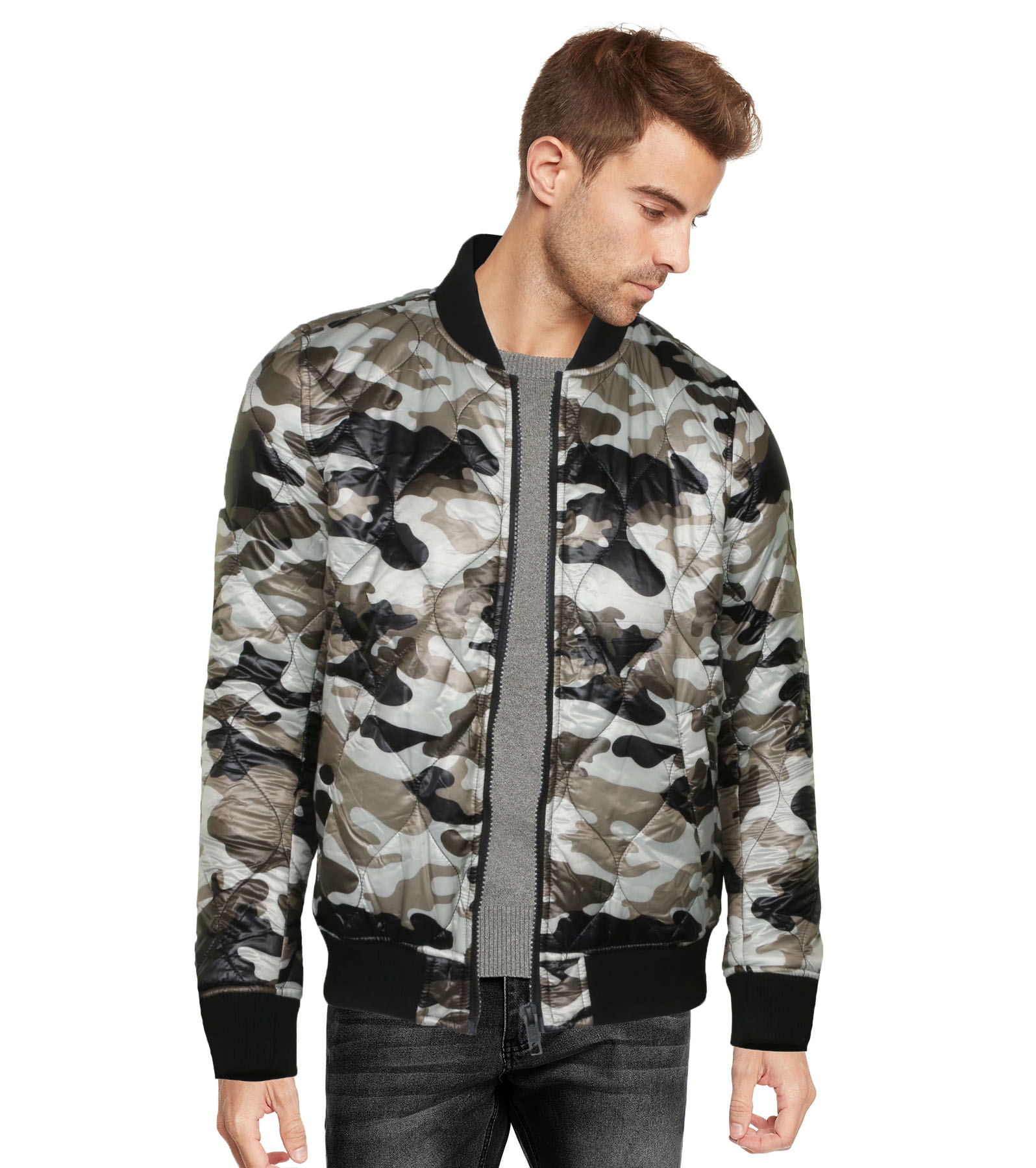 9 Crowns Men's Camoflage Bomber Military Flight Field Camo Quilted ...