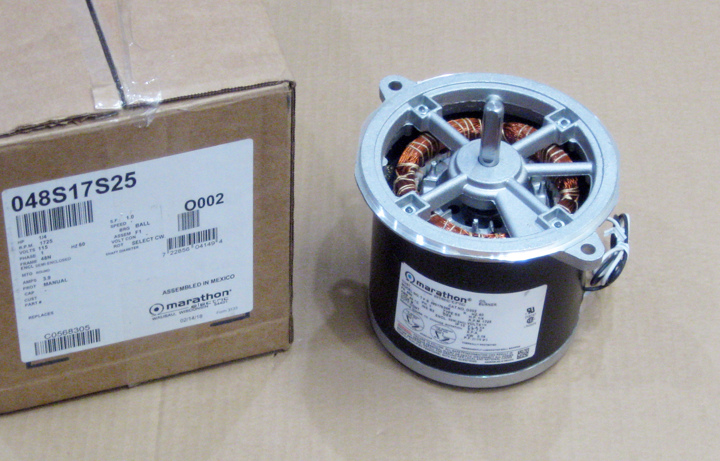 Marathon O002 Oil Burner Furnace Motor 1/4 hp 1725 RPM 48N Frame 115