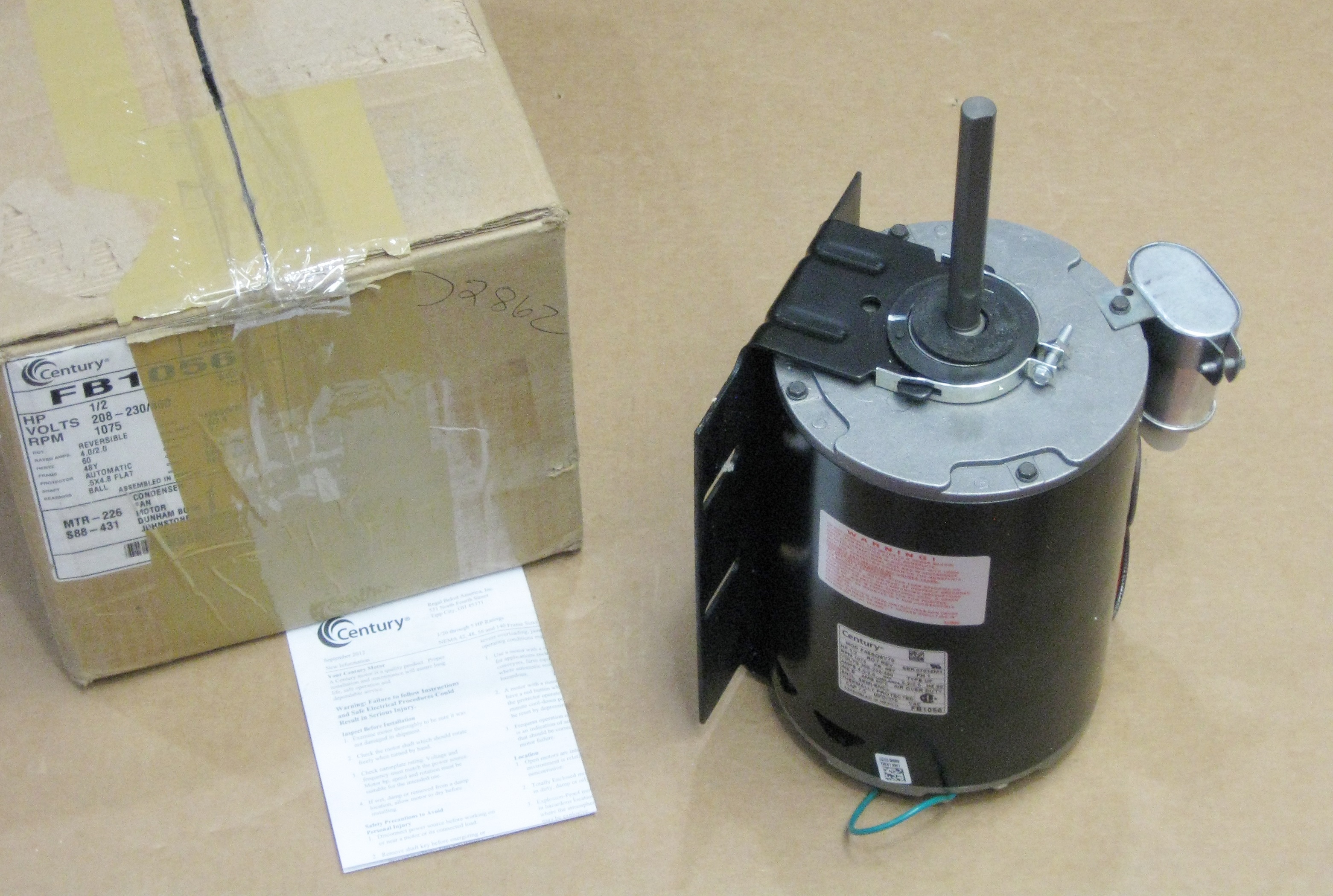 Century AO Smith Fan Motor FB1056 1/2 HO 208230460 Volts 1075 RPM