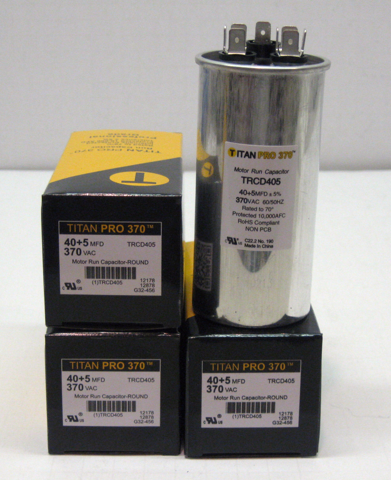 TRCD4054 Lot of 4 of Round 40 + 5 uf mfd 370 Volts Dual Run Capacitor